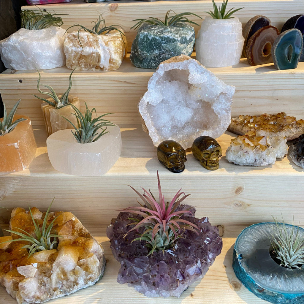 A wooden display unit displaying crystals as plant pots, there are also two small crystal skulls on display.