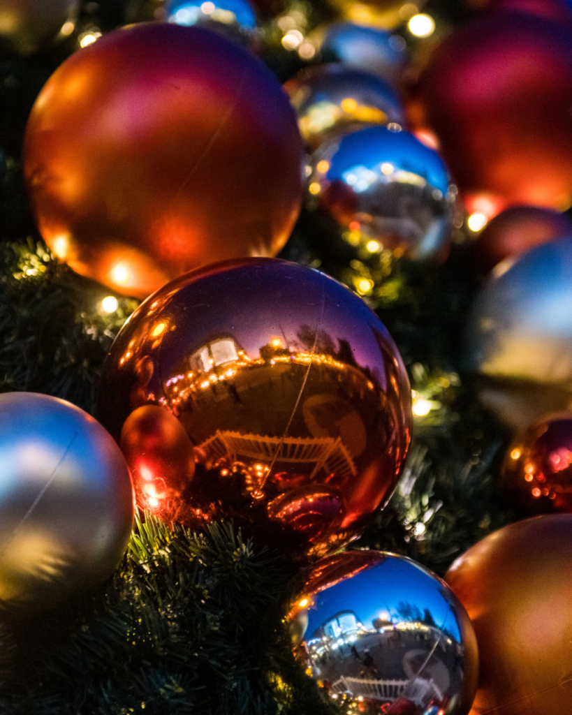 A close up of some baubles on the Christmas tree at Kingston Christmas Market